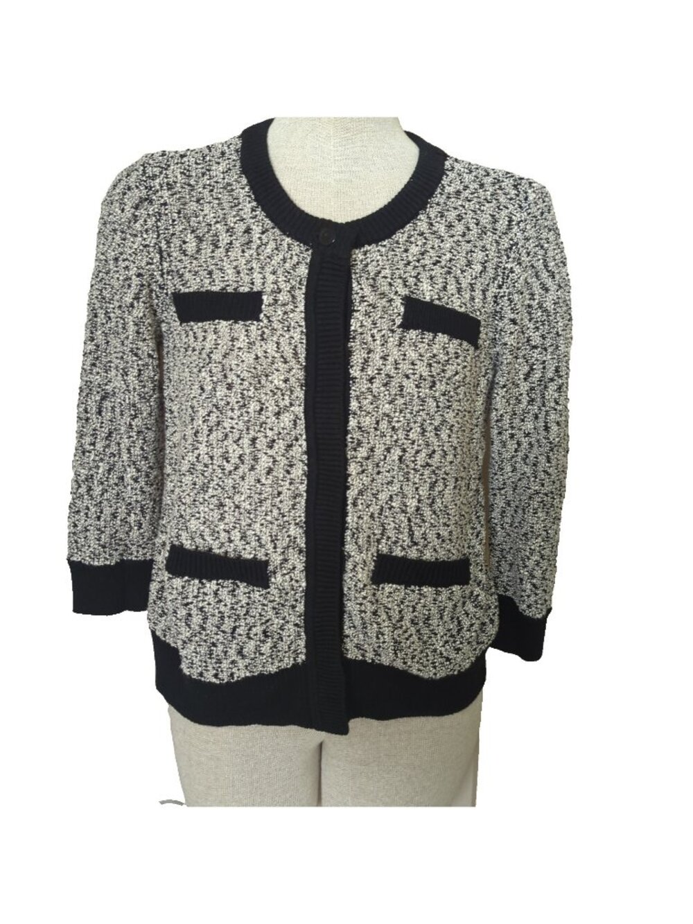 Ann Taylor Ladies Cardigan Sz Med  Button Up NWT Sweater Black White Tweed-lpb3